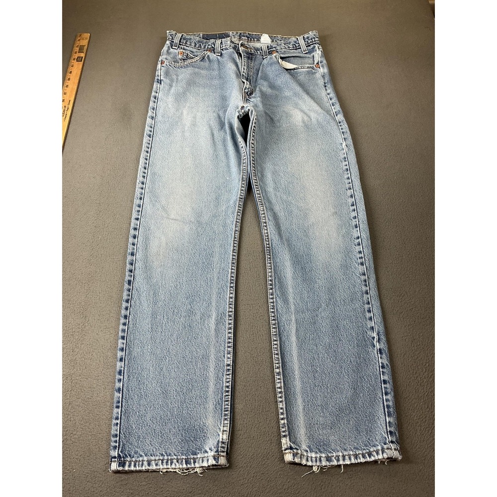 Levis 505 Jeans Mens 36x36 Light Wash Blue Straight Distressed Orange tab USA